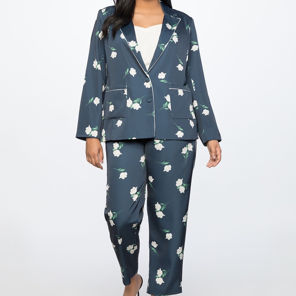 Satin-to-the-touch floral joggers and blazer suit